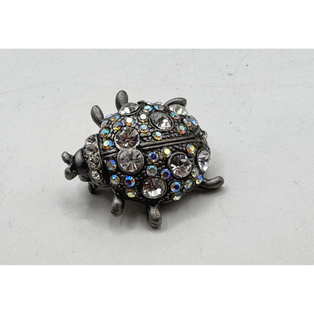 Vintage Style‎ Silver Tone Aurora Borealis Crystal Ladybug Beetle Brooch Pin